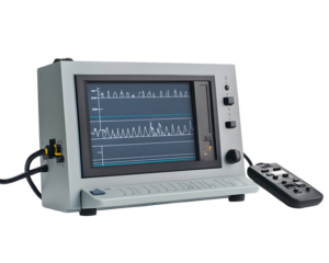 Measuring oscilloscope with screen and remote control, displaying a waveform.