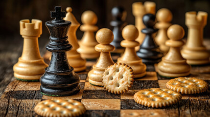 Creative chess set made from cheese and crackers on a wooden board for a playful snack experience