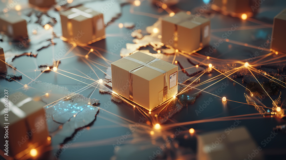 Aufkleber global delivery network: cardboard boxes interconnected by glowing lines representing a global shipp