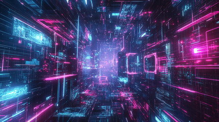 Obraz premium Futuristic digital landscape with glowing neon lines in pink and blue, representing modern technology, digital data, and advanced virtual systems in a cyberpunk-inspired concept.