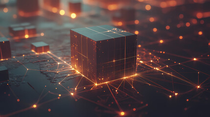 Cybernetic Cube: A dark, metallic cube rests on a circuit board, glowing with orange and red lights, creating a futuristic, technology-driven aesthetic.