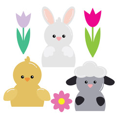 Easter bunny, chick and lamb vector cartoon illustration