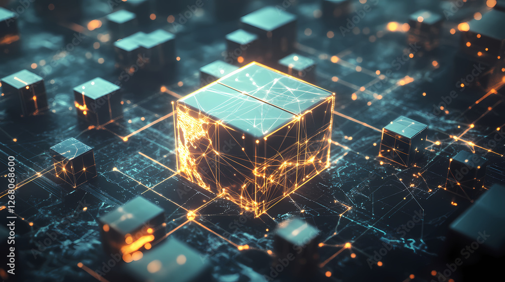 Poster glowing cube in network: a futuristic, glowing cube is the central focus, interconnected with a netw