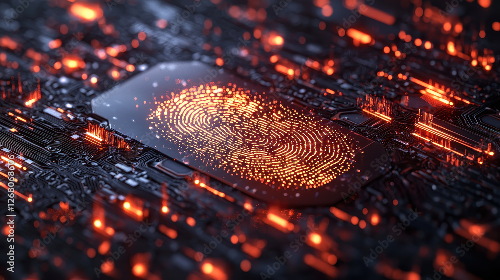 Poster close-up of a high-tech digital fingerprint scan on a glowing cybersecurity screen