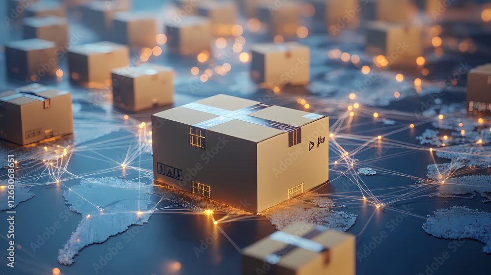 Poster global logistics network: cardboard boxes symbolizing goods and products are interconnected across a