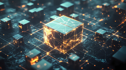 Glowing Cube in Network: A futuristic, glowing cube is the central focus, interconnected with a network of smaller cubes and glowing lines.