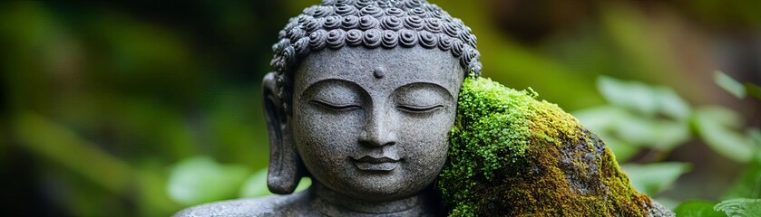 Stone Buddha head in the jungle, one half nourished by gentle rain, the other overgrown with moss