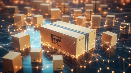 Global Network of Delivery: A single cardboard box stands out among a multitude of others, surrounded by a network of glowing lines.