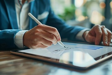 Capture a close-up shot of a businessman using a stylus pen to sign a digital document on a tablet, highlighting the ease and efficiency of e-signing technology.