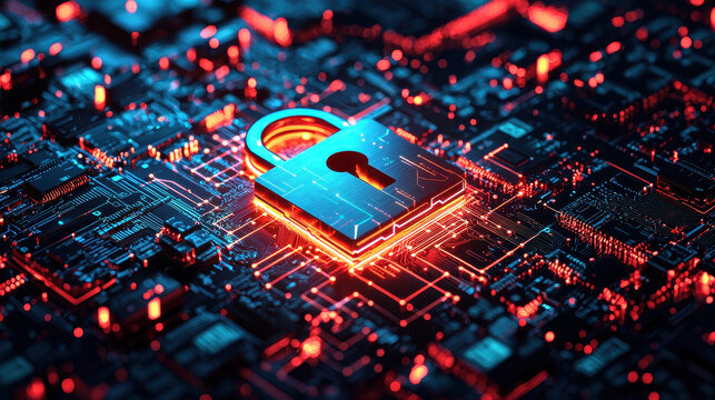 Digital padlock secured by advanced AI algorithms with glowing circuits in cyber blue tones