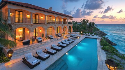 A luxurious villa with a pool overlooking the ocean at sunset.
