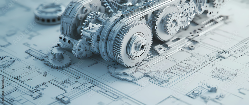 Poster precision in design: intricate mechanical gears and components interlock on a detailed blueprint, sy
