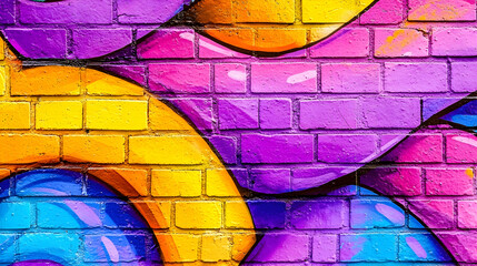Fototapeta premium Vibrant Graffiti Art on Brick Wall, Urban Setting, Abstract Design, Background Texture