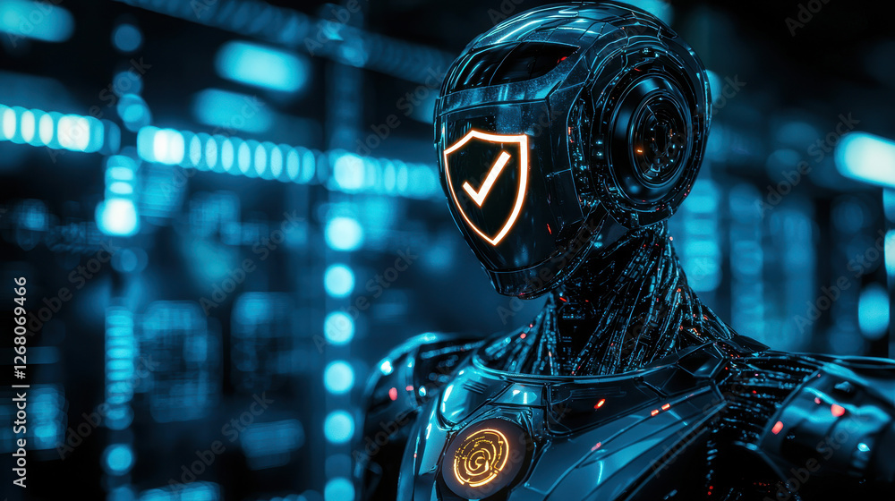 Poster futuristic ai robot with glowing shield icon represents advanced cybersecurity technology