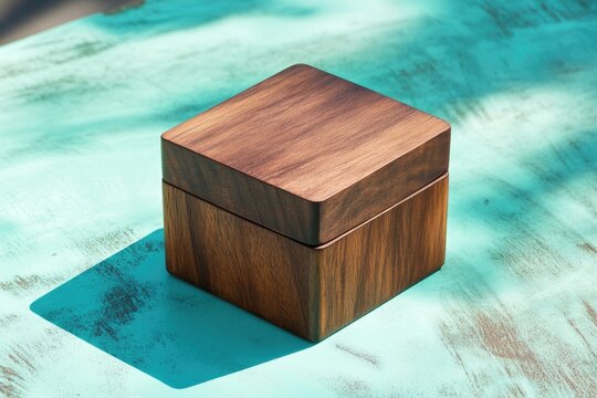 A wooden box sits on a table with intricate details and design