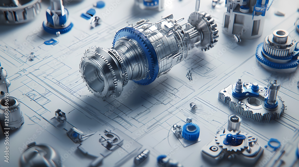 Poster precision engineering: a detailed close-up of intricate metal gears and components scattered on tech