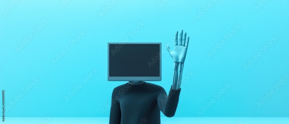 Poster robot with computer monitor head waving hand