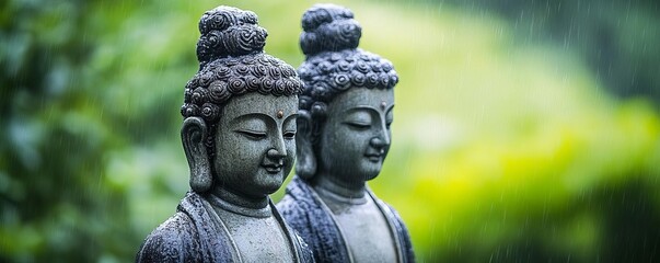 Obraz premium Twin god statues, one worn by the rain of time, the other eternally preserved in a gentle drizzle