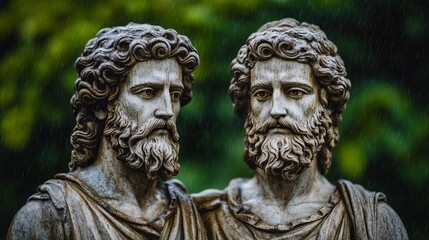 Obraz premium Twin god statues, one worn by the rain of time, the other eternally preserved in a gentle drizzle