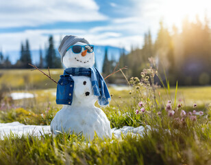 A cheerful snowman dressed in denim and sunglasses is smiling at spring in a sunny meadow. Be positive.