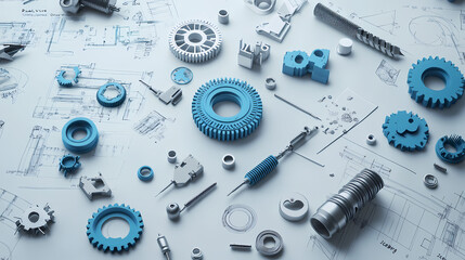 Blueprints and Gears: A  collection of  mechanical parts and gears, arranged on a blueprint, showcasing precision engineering, design, and innovation.