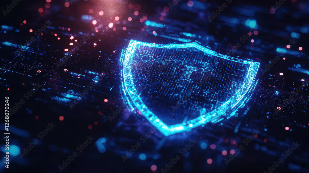 Poster glowing ai security shield hologram protecting digital data in futuristic cybersecurity setting