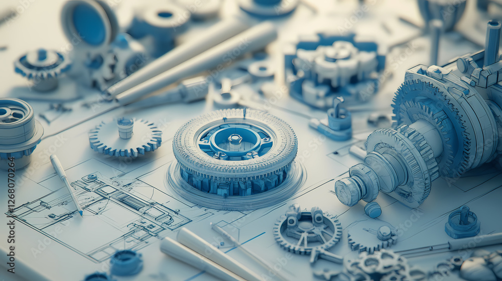 Aufkleber mechanical blueprint: intricate gears, cogs, and mechanical components lay scattered across a bluepr