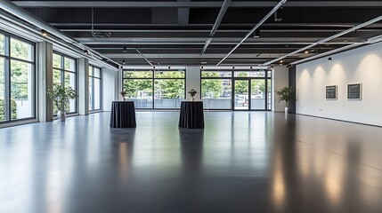 Modern event space with large windows and dark floor