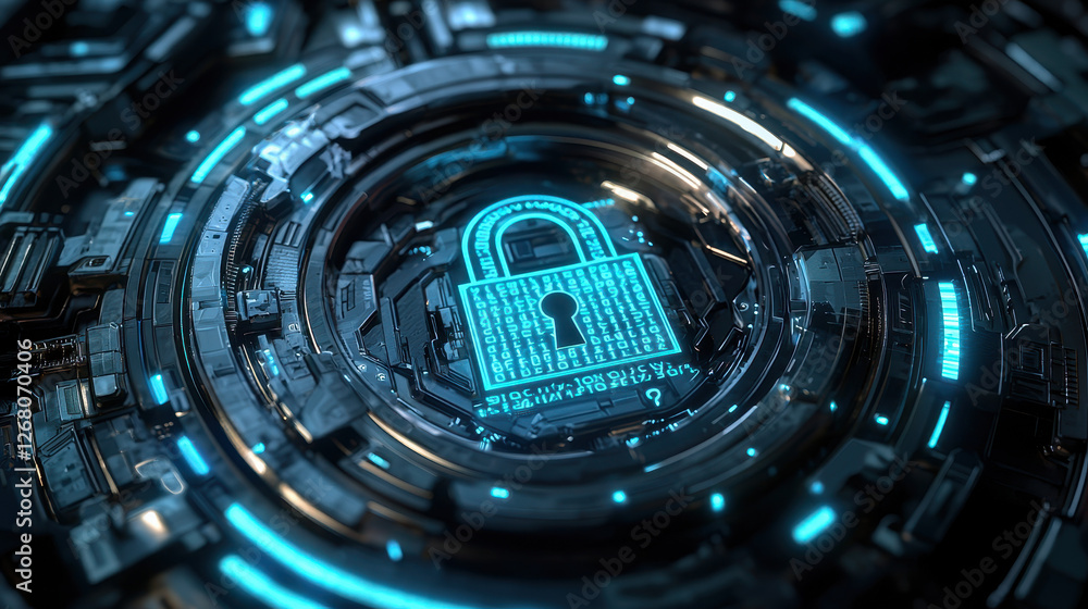 Poster glowing digital padlock with encrypted code exemplifying cybersecurity protection in neon blue light