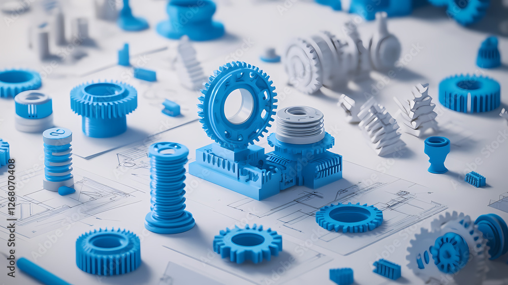 Poster precision engineering: a collection of intricately designed gears and mechanical parts in vibrant bl