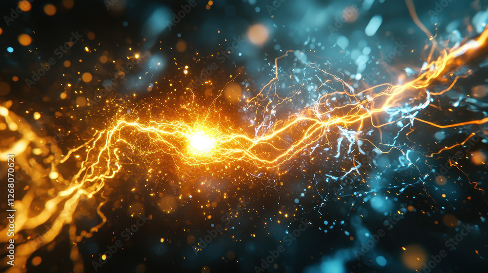 Poster close-up view of electric arc discharging between metallic contacts in a minimalistic setting