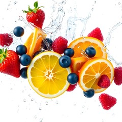 Burst of Freshness: Vibrant berries and citrus fruits explode with refreshing water droplets, capturing the essence of health and vitality. 