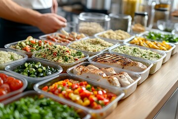 Fototapeta premium A colorful array of fresh ingredients and prepared dishes laid out in containers, ready for meal preparation or serving.