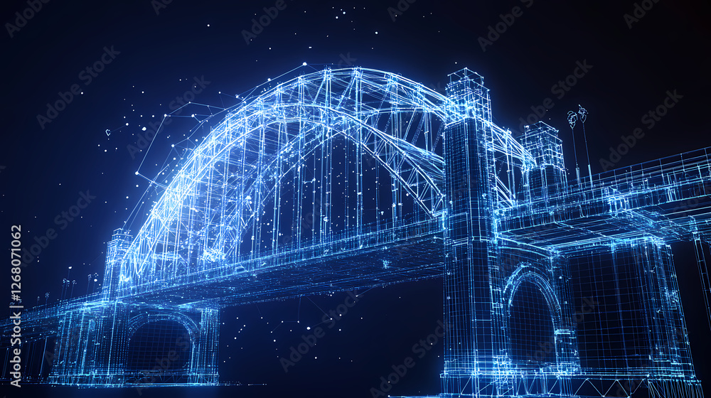 Poster digital bridge: a futuristic digital rendering of an arch bridge, constructed from glowing blue line