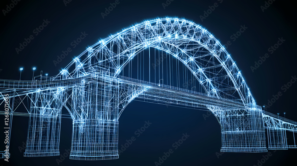 Poster wireframe bridge: a futuristic and abstract interpretation of a majestic arch bridge rendered in glo