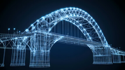 Obraz premium Wireframe Bridge: A futuristic and abstract interpretation of a majestic arch bridge rendered in glowing wireframe, illuminated against a deep blue backdrop. The bridge's intricate structure.
