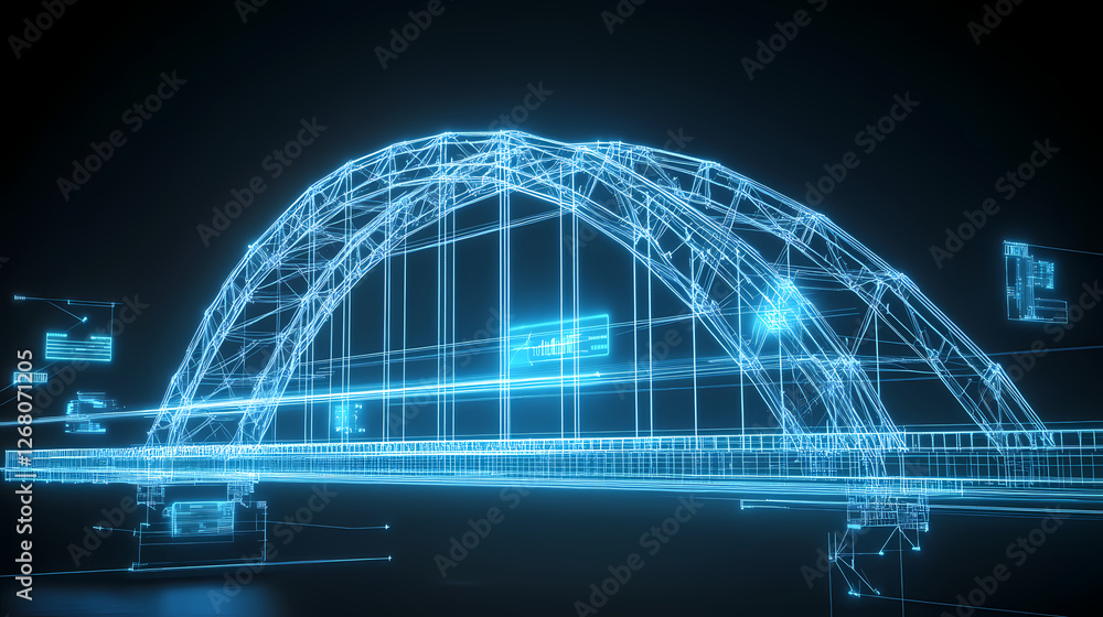 Poster cyber bridge blueprint: futuristic digital rendering of an arch bridge, glowing with vibrant blue li