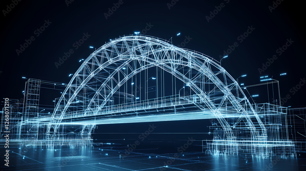 Aufkleber digital bridge blueprint: a futuristic wireframe rendering of an elegant arched bridge, illuminated 