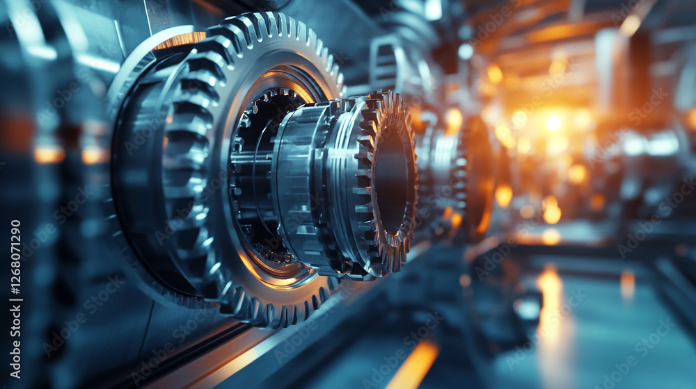 Poster Close-up view of large metallic gears in a complex industrial machinery system, showcasing advanced technology in mechanical engineering, automation, and manufacturing.