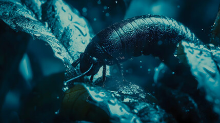 Rain-soaked insect crawling on leaf, dark moody background, macro photography, nature documentary use