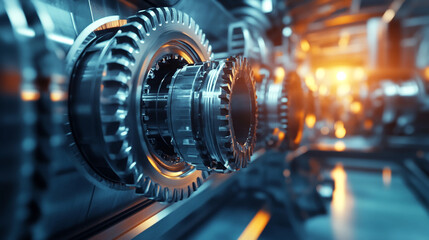 Obraz premium Close-up view of large metallic gears in a complex industrial machinery system, showcasing advanced technology in mechanical engineering, automation, and manufacturing.