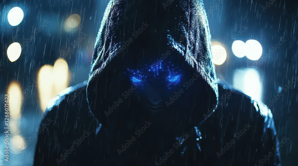 Poster hacker with a dark hoodie stands in rain, focused on ai system as it detects cyber threats
