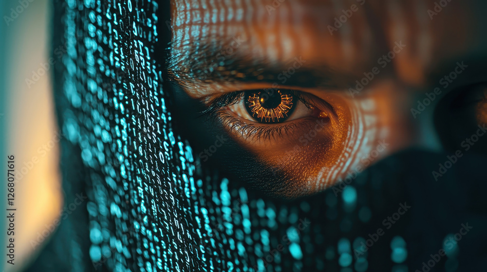 Aufkleber close-up of a hacker's masked face reflected in an ai security monitor with futuristic lighting
