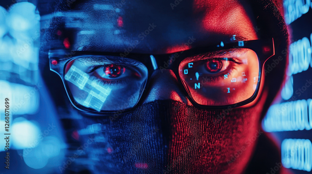 Poster close-up view of masked hacker focused on advanced ai surveillance screen