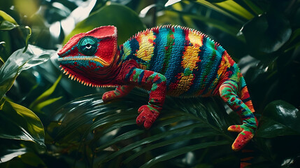 Vibrant chameleon camouflaged in lush tropical rainforest foliage, advertising nature, wildlife, or exotic travel