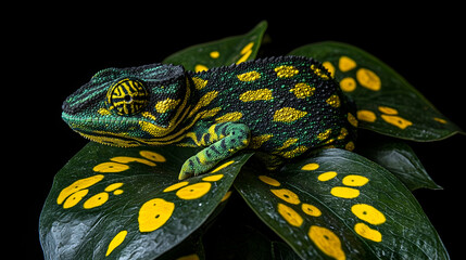 Vibrant chameleon resting on patterned leaf, black background, studio shot, exotic pet advertisement