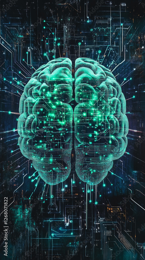 Poster digital brain with circuit board design, showcasing the concept of artificial intelligence, neural n