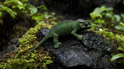 Obraz premium Green chameleon rainforest rock rain nature wildlife