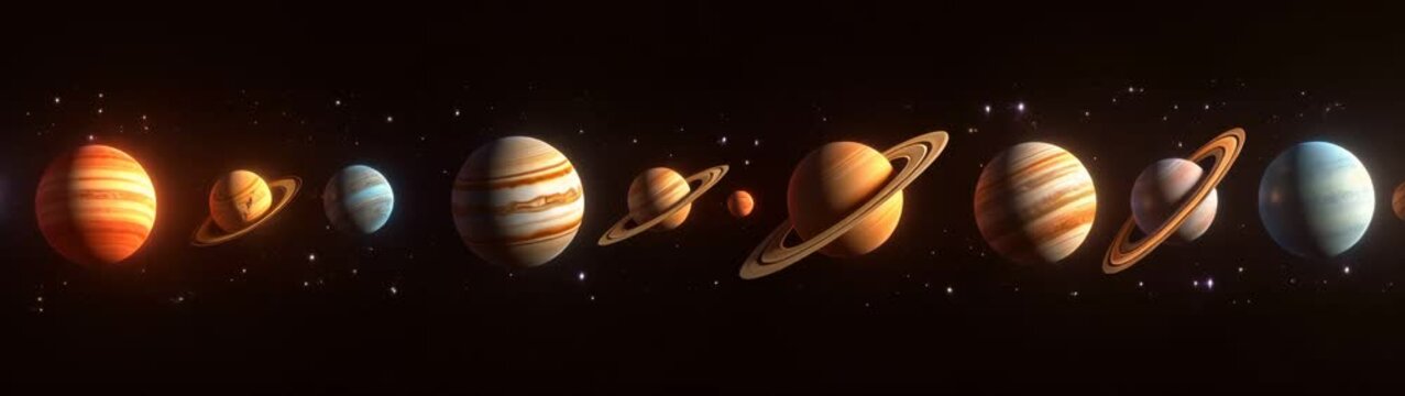 A group of planets in a row with a star shining brightly in the background, concept of cosmic exploration and celestial beauty

