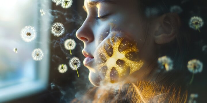 A woman holds a flower in her mouth, possibly as part of a performance or artistic expression